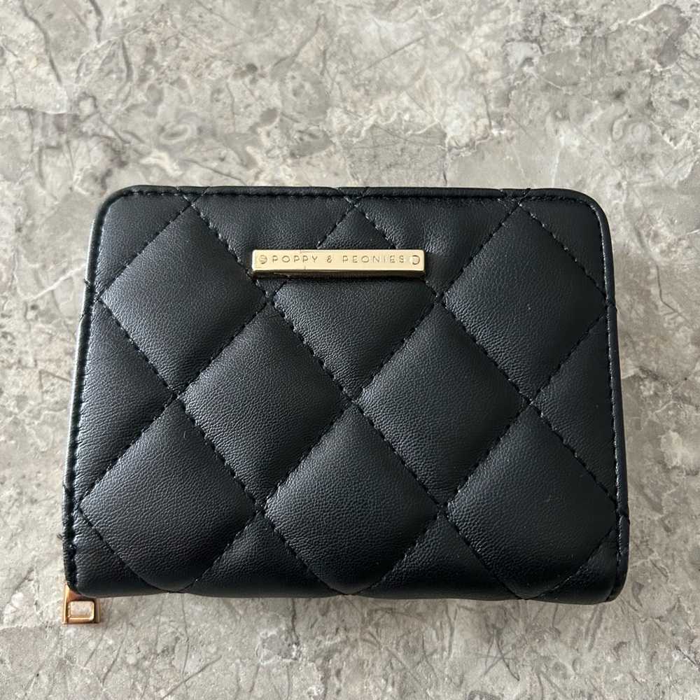 Poppy & Peonies Black Quilted Wallet with Gold Accents